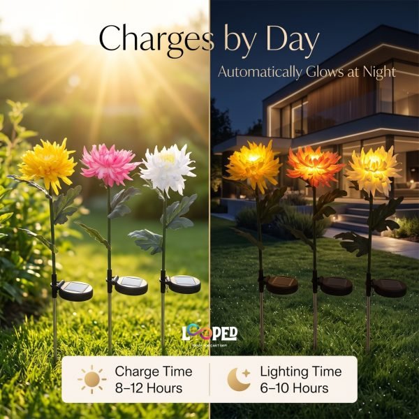 Solar Chrysanthemum Flower Garden Lights Set of 2, Roll Cloth Petals, Stainless Steel Stakes, LED Outdoor Decorative Lights, 600mAh Rechargeable Battery, IP65 Waterproof