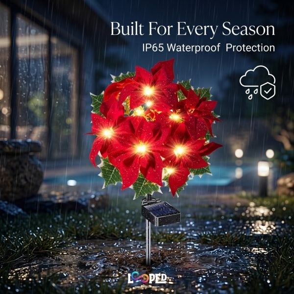 Solar Poinsettia Flower Garden Lights Set of 2 Flowers, 3 LED per Flower, Roll Cloth Petals, Stainless Steel Stakes, 600mAh Rechargeable Battery, IP65 Waterproof Outdoor Decorative Lights