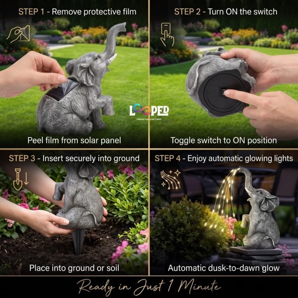 Solar Elephant Garden Statue with Water Spray Light Effect, Resin LED Outdoor Decorative Landscape Light, 600mAh Rechargeable Battery, IP65 Waterproof