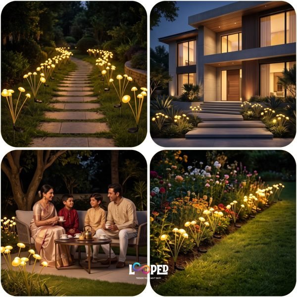 Solar Multicolor Tall Mushroom Garden Lights Set of 2, 6 LED per Light, Stainless Steel Stakes, 600mAh Rechargeable Battery, IP65 Waterproof Fairy Landscape Lights