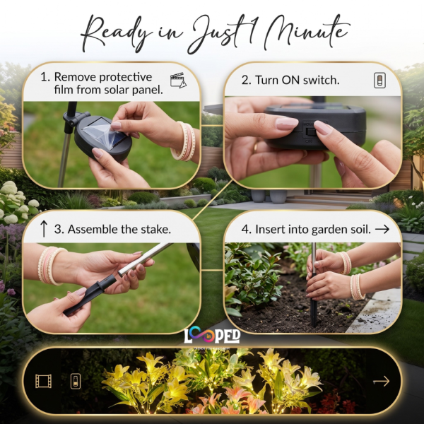 Solar Lily Flower Garden Lights Set of 2, 49 LED Decorative Flowers, Roll Cloth Petals, Stainless Steel Stakes, 600mAh Rechargeable Battery, IP65 Waterproof