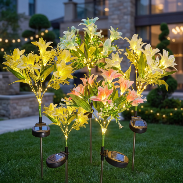 Solar Lily Flower Garden Lights Set of 2, 49 LED Decorative Flowers, Roll Cloth Petals, Stainless Steel Stakes, 600mAh Rechargeable Battery, IP65 Waterproof