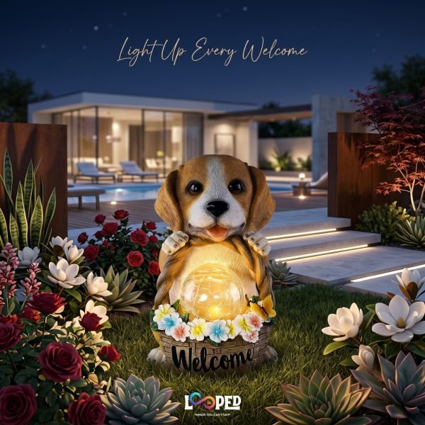 Solar Puppy Garden Statue with Flower Basket, Resin LED Outdoor Decorative Light, 600mAh Rechargeable Battery, IP65 Waterproof, Automatic Solar Garden Landscape Light