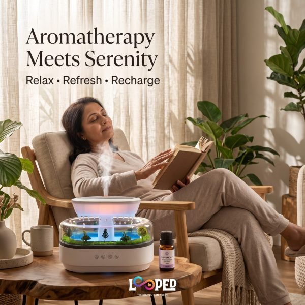 Mini Garden Waterfall Aroma Diffuser with Flowing Water Mist, LED Night Light, Ultrasonic Essential Oil Humidifier for Home & Office