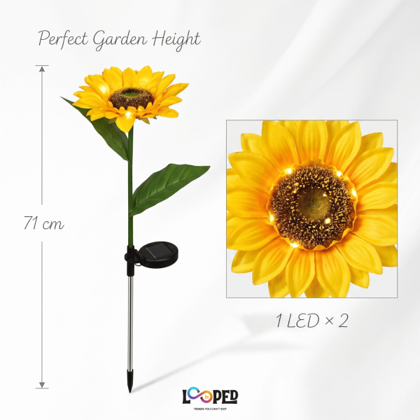 Solar Sunflower Garden Lights Set of 2, Roll Cloth Flower Petals, Stainless Steel Stakes, LED Outdoor Decorative Lights, 600mAh Rechargeable Battery, IP65 Waterproof