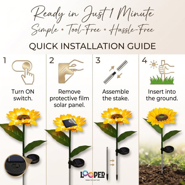Solar Sunflower Garden Lights Set of 2, Roll Cloth Flower Petals, Stainless Steel Stakes, LED Outdoor Decorative Lights, 600mAh Rechargeable Battery, IP65 Waterproof