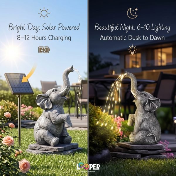 Solar Elephant Garden Statue with Water Spray Light Effect, Resin LED Outdoor Decorative Landscape Light, 600mAh Rechargeable Battery, IP65 Waterproof