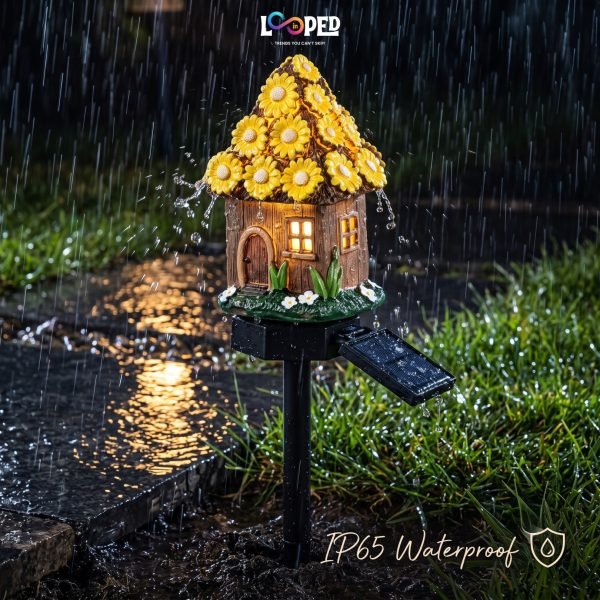 Solar Mushroom Hut Fairy Garden Light Yellow, Resin LED Outdoor Decorative Landscape Light, 600mAh Rechargeable Battery, IP65 Waterproof