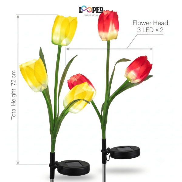 Solar Tulip Flower Garden Lights Set of 2, 3 LED per Flower, Roll Cloth Petals, Stainless Steel Stakes, 600mAh Rechargeable Battery, IP65 Waterproof Outdoor Lights