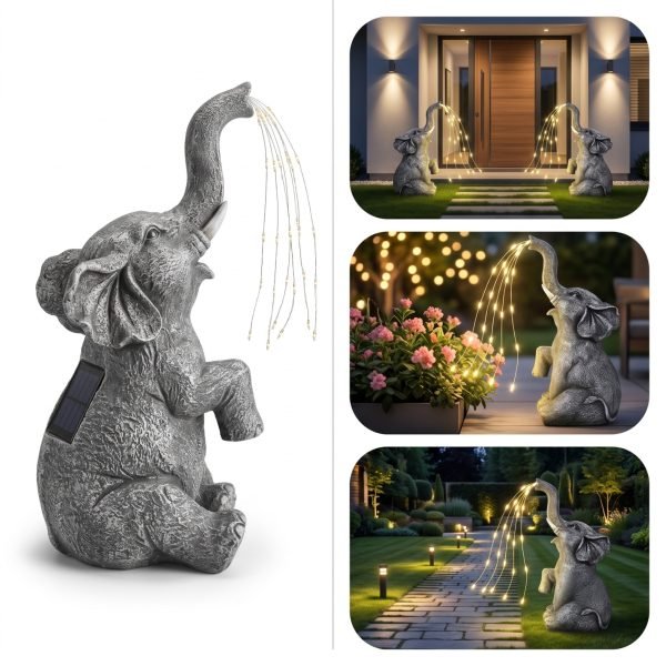 Solar Elephant Garden Statue with Water Spray Light Effect, Resin LED Outdoor Decorative Landscape Light, 600mAh Rechargeable Battery, IP65 Waterproof