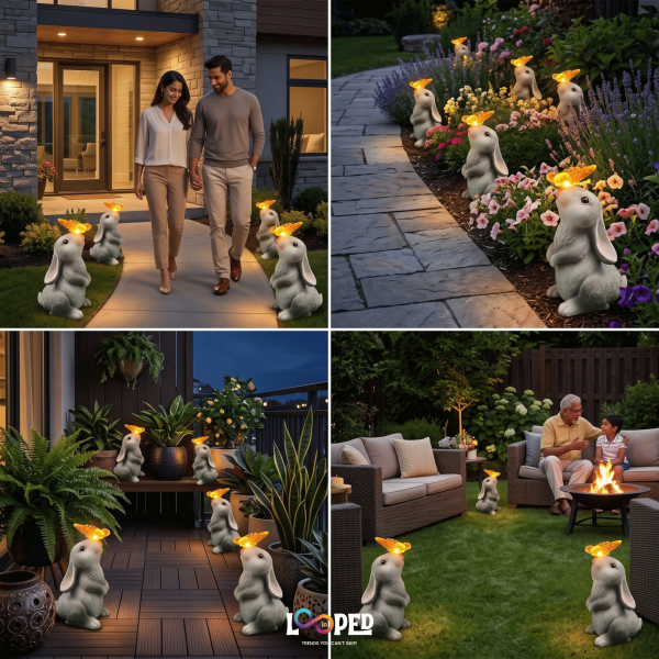 Solar Rabbit with Butterfly Garden Statue, Resin LED Outdoor Decorative Landscape Light, 600mAh Rechargeable Battery, IP65 Waterproof, Automatic Solar Garden Light