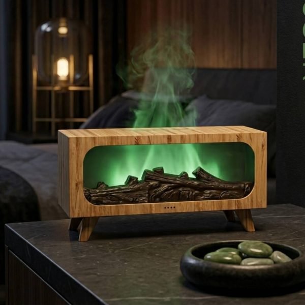 Fireplace Flame Aroma Diffuser with Realistic Flame Effect, Ultrasonic Essential Oil Humidifier, Auto Timer, LED Night Light for Home Office (Brown)
