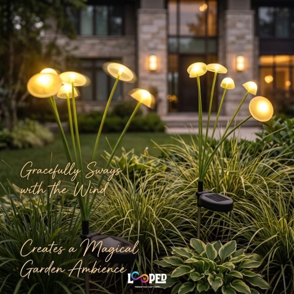 Solar Multicolor Tall Mushroom Garden Lights Set of 2, 6 LED per Light, Stainless Steel Stakes, 600mAh Rechargeable Battery, IP65 Waterproof Fairy Landscape Lights