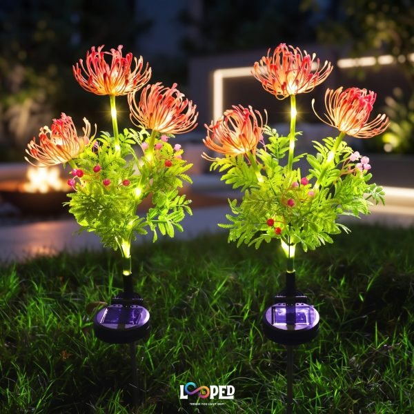 Solar Dandelion Flower Garden Lights Set of 2, 42 LED Firework Lights, ABS & Stainless Steel, 600mAh Rechargeable Battery, IP65 Waterproof Outdoor Landscape Decoration