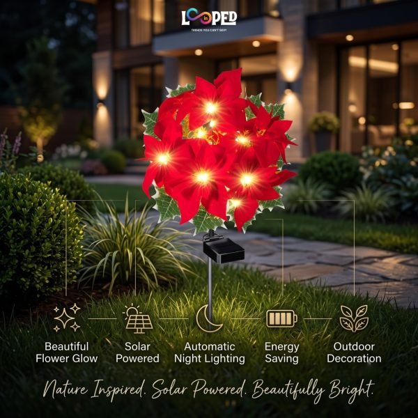 Solar Poinsettia Flower Garden Lights Set of 2 Flowers, 3 LED per Flower, Roll Cloth Petals, Stainless Steel Stakes, 600mAh Rechargeable Battery, IP65 Waterproof Outdoor Decorative Lights