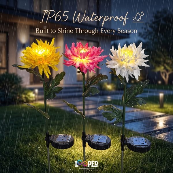 Solar Chrysanthemum Flower Garden Lights Set of 2, Roll Cloth Petals, Stainless Steel Stakes, LED Outdoor Decorative Lights, 600mAh Rechargeable Battery, IP65 Waterproof