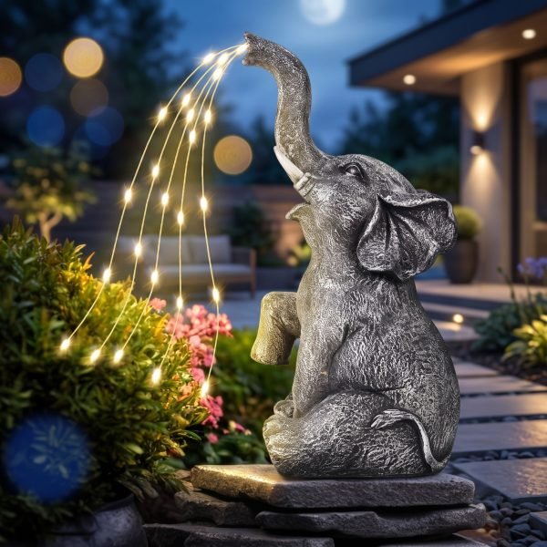 Solar Elephant Garden Statue with Water Spray Light Effect, Resin LED Outdoor Decorative Landscape Light, 600mAh Rechargeable Battery, IP65 Waterproof