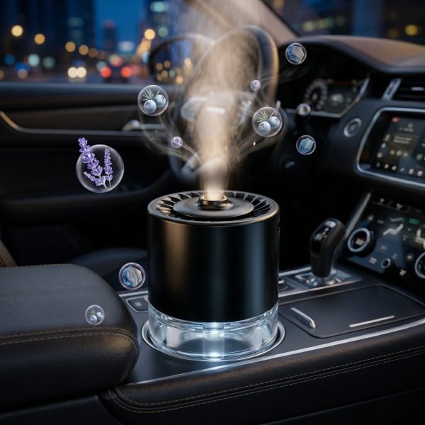 Car Aroma Diffuser with Laser Ambient Light, USB Rechargeable Air Freshener, Multiple Spray Modes for Car Interior