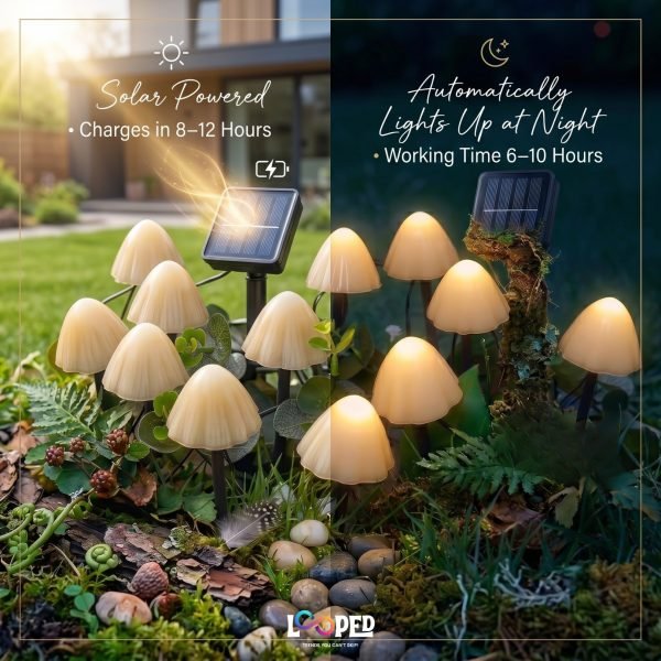 Solar Mini Mushroom Garden Lights Set of 10, ABS LED Outdoor Fairy Landscape Lights, 600mAh Rechargeable Battery, IP65 Waterproof Garden Pathway Decoration