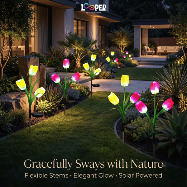 Solar Tulip Flower Garden Lights Set of 2, 3 LED per Flower, Roll Cloth Petals, Stainless Steel Stakes, 600mAh Rechargeable Battery, IP65 Waterproof Outdoor Lights