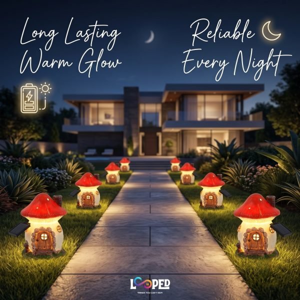 Solar Mushroom Hut Fairy Garden Light Red, Resin LED Outdoor Decorative Landscape Light, 600mAh Rechargeable Battery, IP65 Waterproof