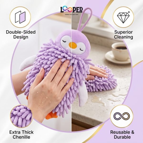Cute Penguin Chenille Hand Towel, Soft Hanging Hand Dry Towel for Kitchen, Bathroom & Kids Room