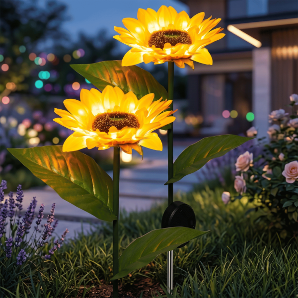 Solar Sunflower Garden Lights Set of 2, Roll Cloth Flower Petals, Stainless Steel Stakes, LED Outdoor Decorative Lights, 600mAh Rechargeable Battery, IP65 Waterproof