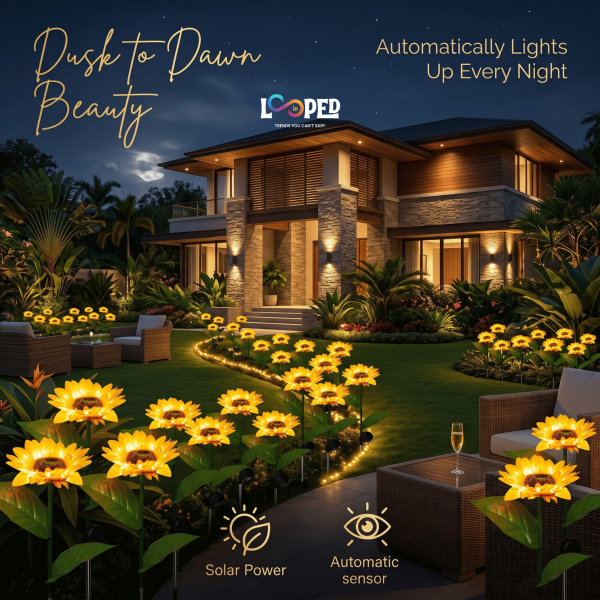 Solar Sunflower Garden Lights Set of 2, Roll Cloth Flower Petals, Stainless Steel Stakes, LED Outdoor Decorative Lights, 600mAh Rechargeable Battery, IP65 Waterproof