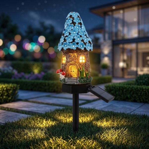 Solar Mushroom Hut Fairy Garden Light Dark Blue, Resin LED Outdoor Decorative Landscape Light, 600mAh Rechargeable Battery, IP65 Waterproof