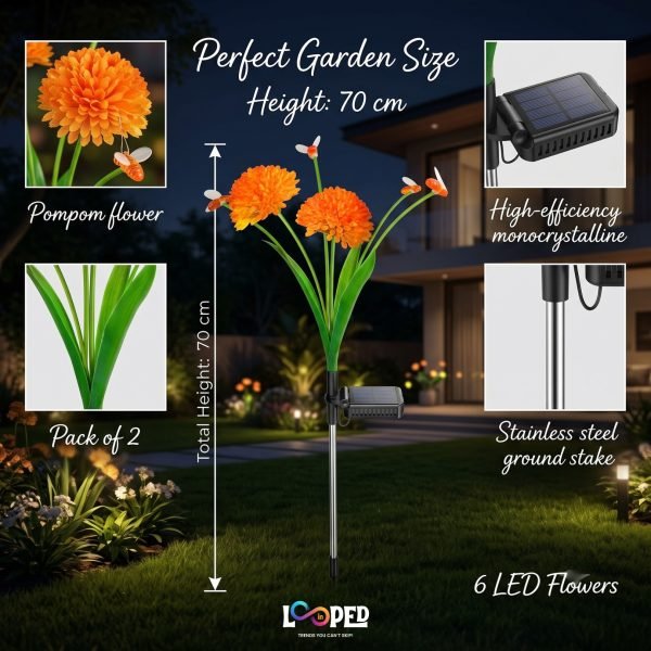 Solar Mrhephaestus Flower Garden Lights Set of 2, 6 LED per Flower, Roll Cloth Petals, Stainless Steel Stakes, 600mAh Rechargeable Battery, IP65 Waterproof Outdoor Decorative Lights