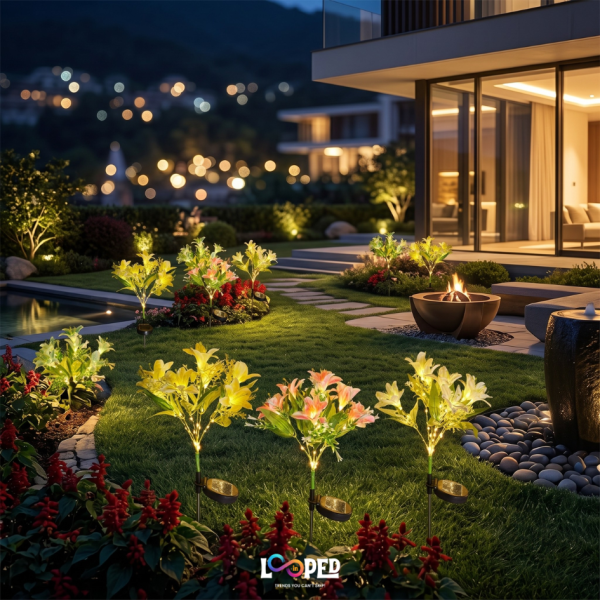 Solar Lily Flower Garden Lights Set of 2, 49 LED Decorative Flowers, Roll Cloth Petals, Stainless Steel Stakes, 600mAh Rechargeable Battery, IP65 Waterproof