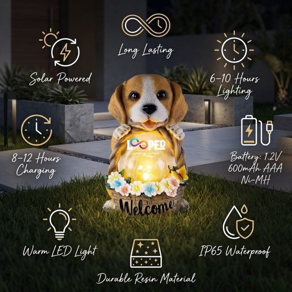 Solar Puppy Garden Statue with Flower Basket, Resin LED Outdoor Decorative Light, 600mAh Rechargeable Battery, IP65 Waterproof, Automatic Solar Garden Landscape Light