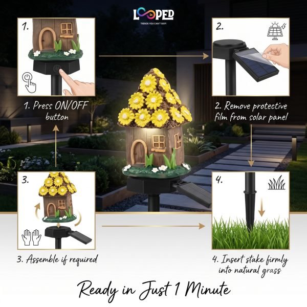 Solar Mushroom Hut Fairy Garden Light Yellow, Resin LED Outdoor Decorative Landscape Light, 600mAh Rechargeable Battery, IP65 Waterproof