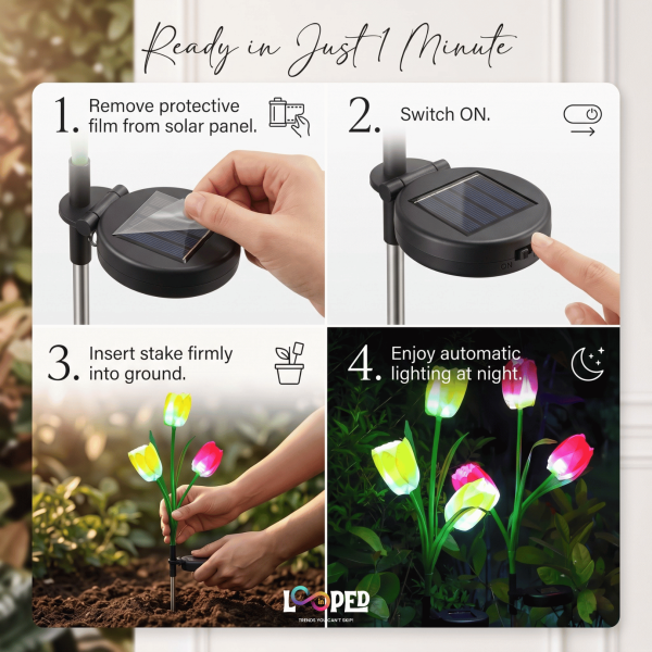 Solar Tulip Flower Garden Lights Set of 2, 3 LED per Flower, Roll Cloth Petals, Stainless Steel Stakes, 600mAh Rechargeable Battery, IP65 Waterproof Outdoor Lights