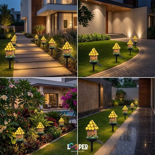 Solar Mushroom Hut Fairy Garden Light Yellow, Resin LED Outdoor Decorative Landscape Light, 600mAh Rechargeable Battery, IP65 Waterproof
