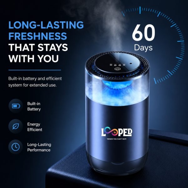 Volcano Car Aroma Diffuser with Flame Effect, Laser Ambient Light, USB Rechargeable Air Freshener, Multiple Mist Modes