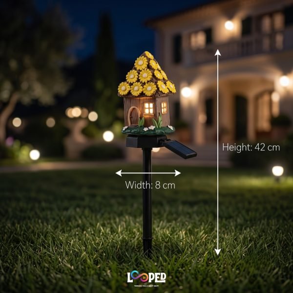 Solar Mushroom Hut Fairy Garden Light Yellow, Resin LED Outdoor Decorative Landscape Light, 600mAh Rechargeable Battery, IP65 Waterproof