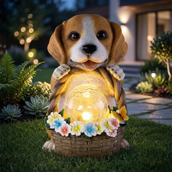 Solar Puppy Garden Statue with Flower Basket, Resin LED Outdoor Decorative Light, 600mAh Rechargeable Battery, IP65 Waterproof, Automatic Solar Garden Landscape Light