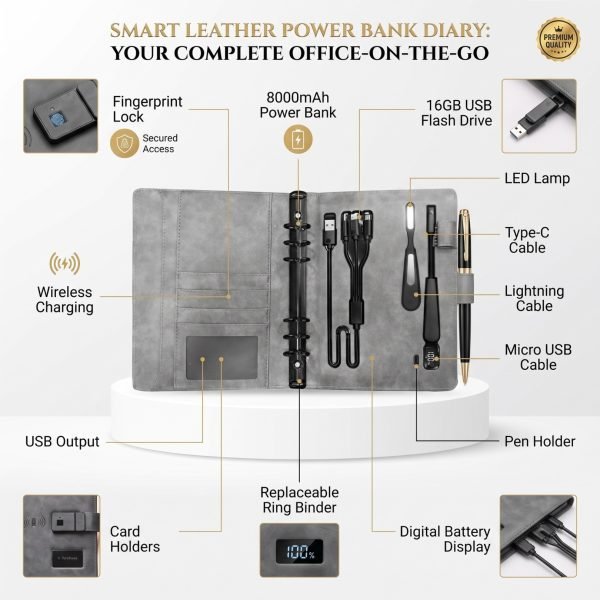 Fingerprint Lock Premium Leather Diary, 8000mAh Power Bank, LED Lamp & Wireless Charging Notebook Organizer