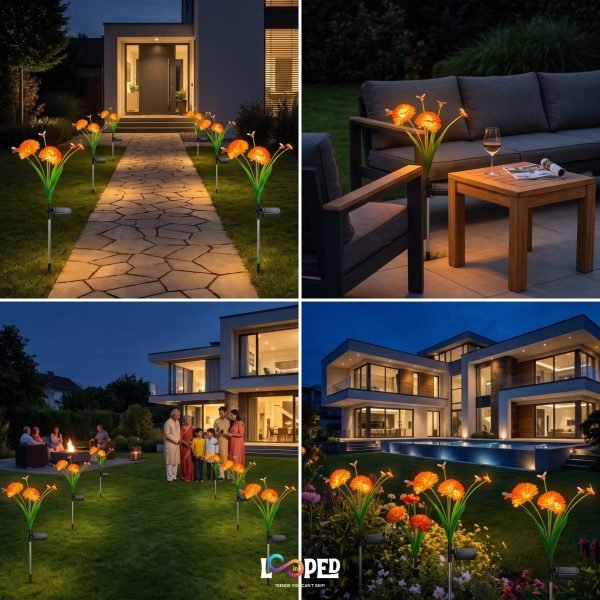 Solar Mrhephaestus Flower Garden Lights Set of 2, 6 LED per Flower, Roll Cloth Petals, Stainless Steel Stakes, 600mAh Rechargeable Battery, IP65 Waterproof Outdoor Decorative Lights