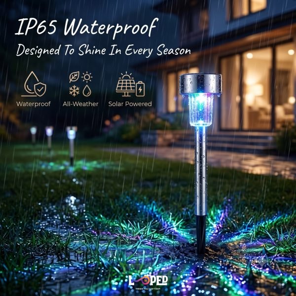 Solar Pathway Multicolor Drop Garden Light, Stainless Steel, LED Landscape Light, 600mAh Rechargeable Battery, IP65 Waterproof, Automatic Dusk to Dawn Outdoor Pathway Light