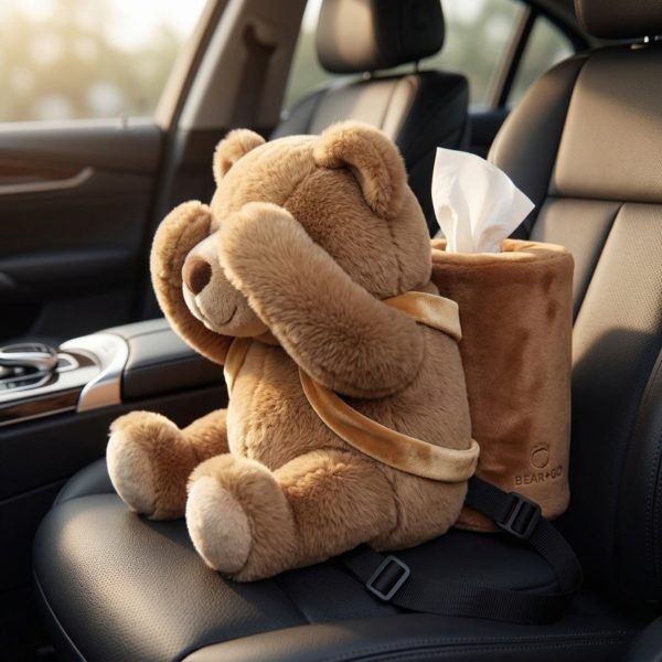 2-in-1 Cute Bear Car Tissue Holder and Mini Dustbin, Multifunction Car Organizer for Dashboard & Seat Back