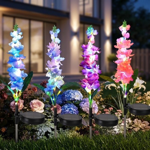Solar Gladiolus Flower Garden Lights Set of 2, Roll Cloth Petals, Stainless Steel Stakes, LED Outdoor Decorative Lights, 600mAh Rechargeable Battery, IP65 Waterproof