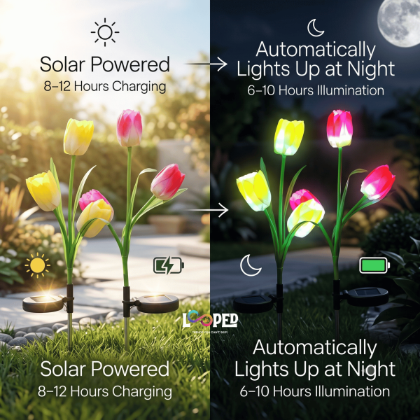 Solar Tulip Flower Garden Lights Set of 2, 3 LED per Flower, Roll Cloth Petals, Stainless Steel Stakes, 600mAh Rechargeable Battery, IP65 Waterproof Outdoor Lights