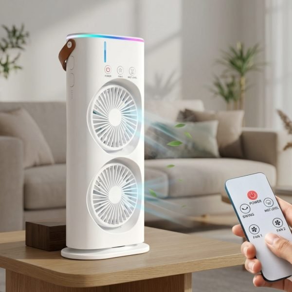 Portable Dual Fan Air Cooler with Dual Mist Spray, USB Rechargeable Desktop Cooling Fan with 3 Speed Settings