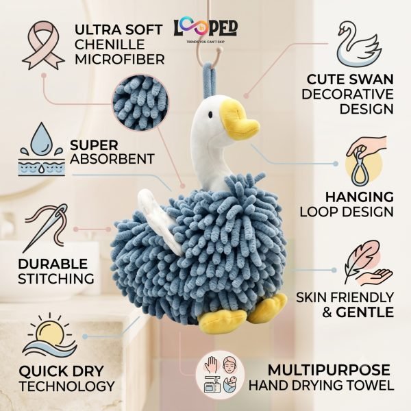 Cute Duck Chenille Hand Towel, Soft Hanging Kitchen & Bathroom Hand Dry Towel, Highly Absorbent