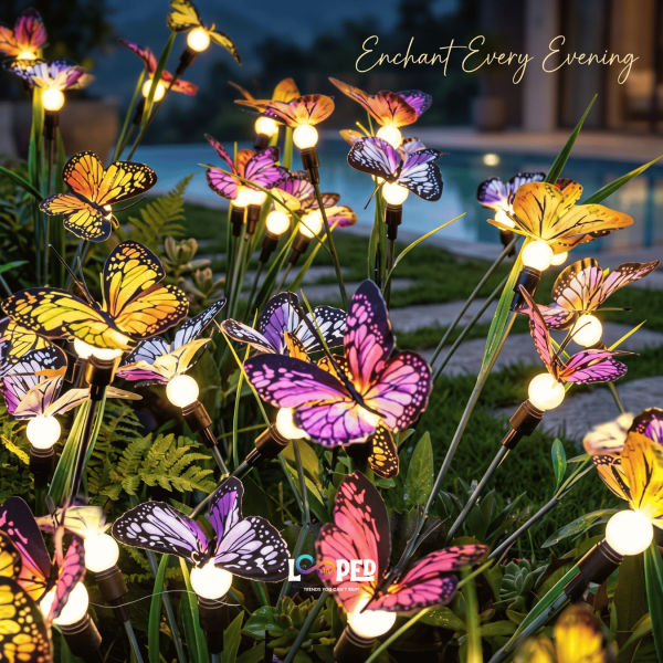 Solar Butterfly Garden Lights Set of 2, 6 LED Decorative Butterfly Lights, Roll Cloth Wings, Stainless Steel Stakes, 600mAh Rechargeable Battery, IP65 Waterproof