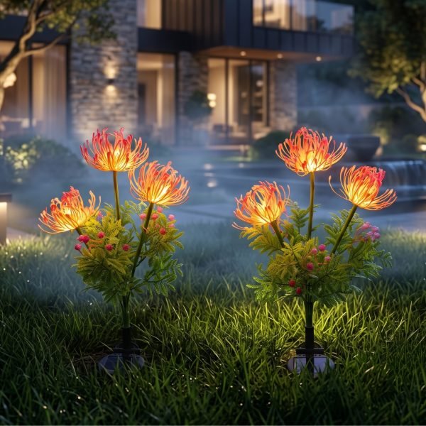 Solar Dandelion Flower Garden Lights Set of 2, 42 LED Firework Lights, ABS & Stainless Steel, 600mAh Rechargeable Battery, IP65 Waterproof Outdoor Landscape Decoration