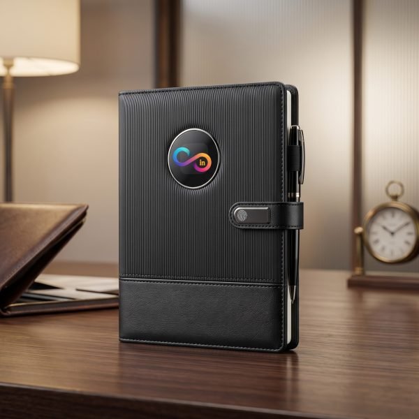 Executive Leather Diary with Hidden 16GB USB Drive, 10000mAh Power Bank, Phone Stand, LED Lamp & Charging Cables
