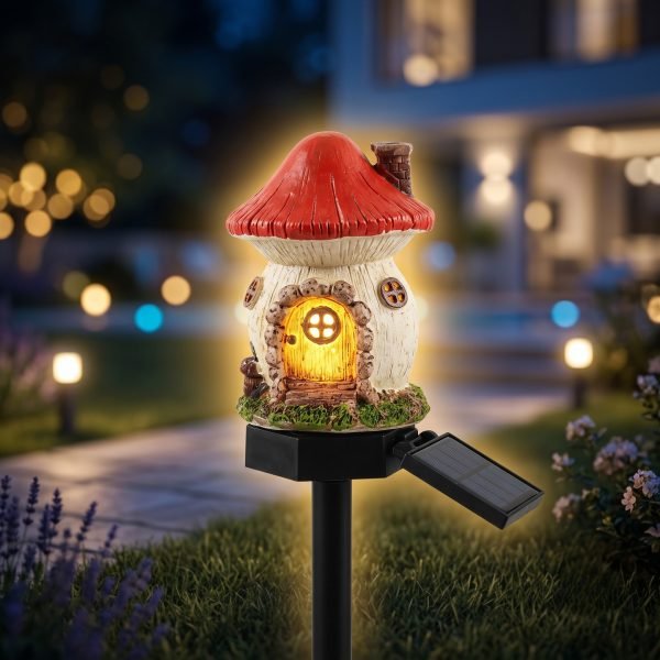 Solar Mushroom Hut Fairy Garden Light Red, Resin LED Outdoor Decorative Landscape Light, 600mAh Rechargeable Battery, IP65 Waterproof